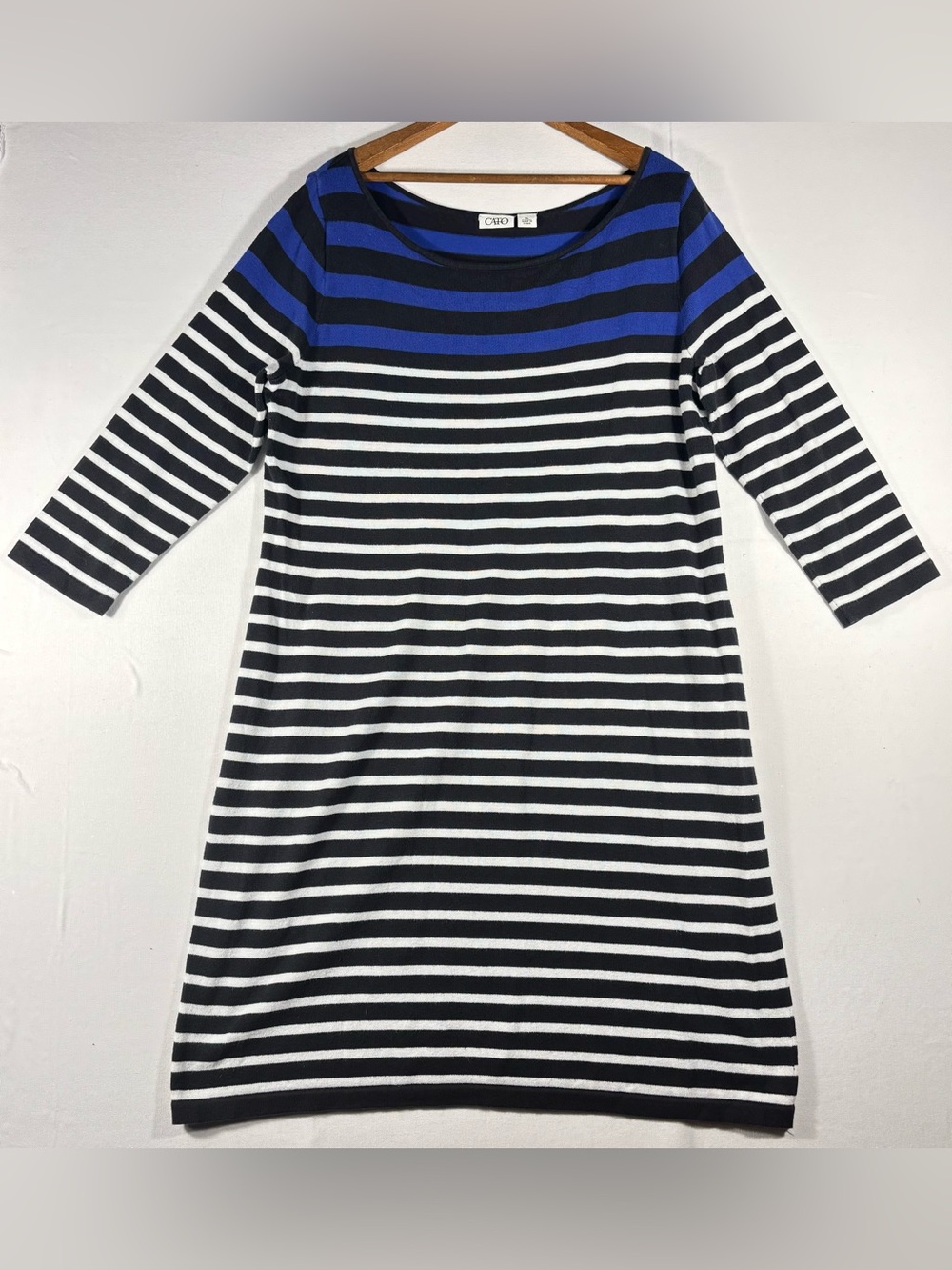 Cato Women’s XL Blue, Black and White Striped 3/4 Sleeve Stretch Midi Dress